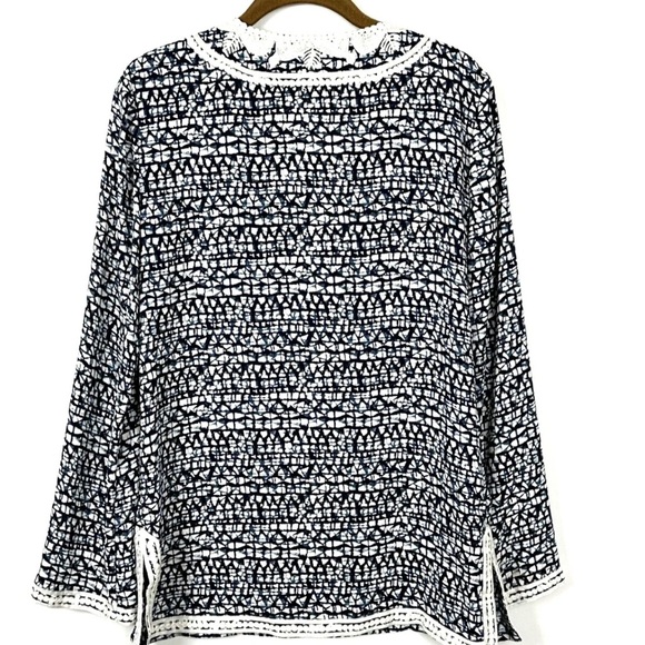 Tory Burch Tunic Top Sz 0 Navy Print White Embroidery V Neck Polyester MINT $328 - Picture 2 of 4